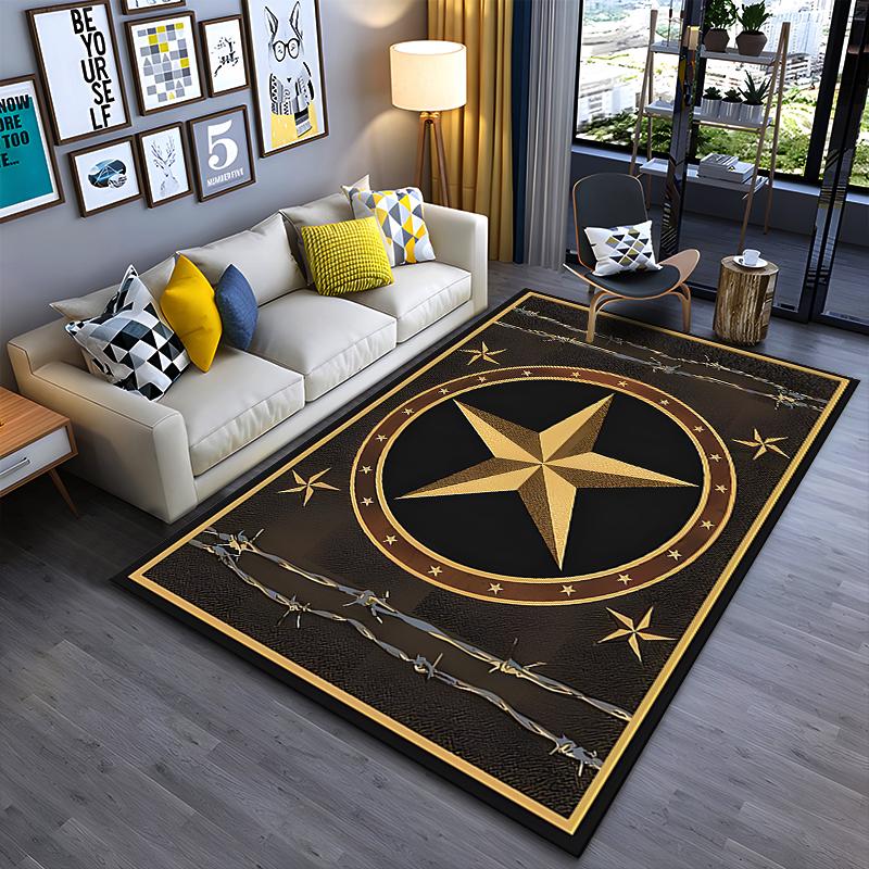 Golden Star Emblem on Black Rug - Non-slip rug suitable for living room and bedroom sofas.