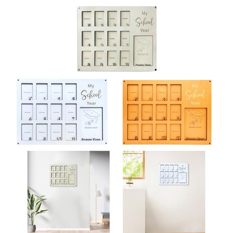 Wood School Years Photo Frame K-12 Multifunctional with 13 Slots 15.7x11.8inch Wall Mount for Bedroom Easily Install Lightweight