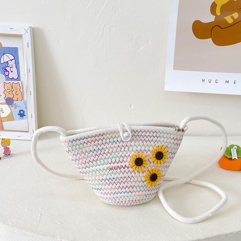 Cute And Modern Children's Woven Tote Bag With Floral Design For Summer Outings