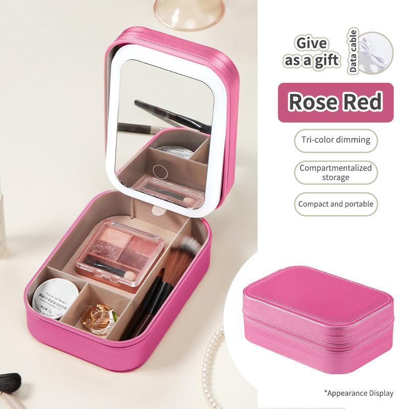 Wireless LED Makeup Organizer Box with Mirror Multi Layer Portable Cosmetic Storage Bag for Women for Bedroom Travel Daily Use