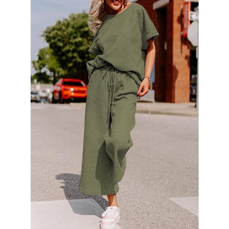 YYFS Женские модные повседневные летние весенние однотонные принты с коротким рукавом и круглым вырезом брюки костюмы