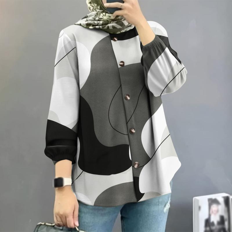 Women Loose Casual Long Sleeve O-neck Print Blouse
