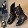 Retro Thick-soled Thick-heeled Lace-up Martin Boots for Women's 2025 Autumn and Winter New Mid-tube British Style Belt Buckle Locomotive Boots