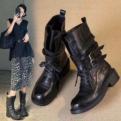 Ретро ботинки Мартин на толстой подошве и толстом каблуке на шнуровке для женской осени и зимы, новые ботинки-локомотивы средней длины с пряжкой-ремнем