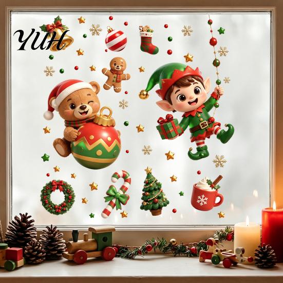 Electrostatic Glass Decals for Holidays 2PCS Christmas Window Static Sticker, Cute Cartoon Elves And Bears Winter Holiday Decorations Print,