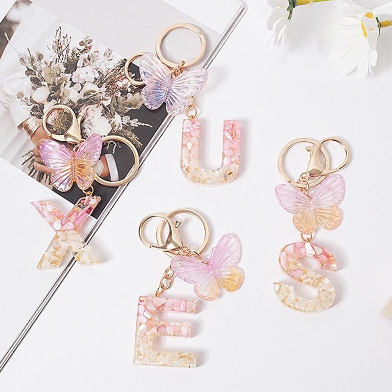 Розовая мечта Бабочка 26 букв от А до Я брелок из смолы 26 инициалов Белый камень сусальное золото кулон брелок для рюкзака подвеска сумка Декор