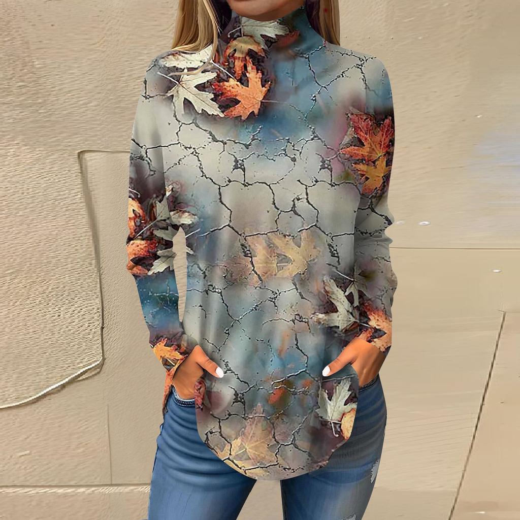 Женская модная повседневная футболка с длинным рукавом с высоким воротом и принтом, пуловер, топ
