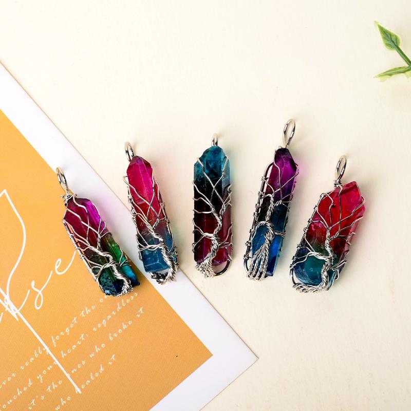 Healing 7 Chakra Crystal Necklace Silver-wrapped Women's Jewelry Rainbow Aura Crystal Point Pendant for Jewelry