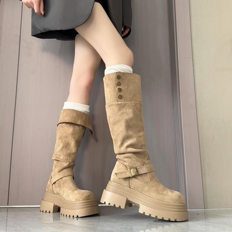 Autumn Winter Thick Heel Women Knee-High Boots Fashion Belt Buckle Shoes Ladies Mordern Long Botas De Mujer