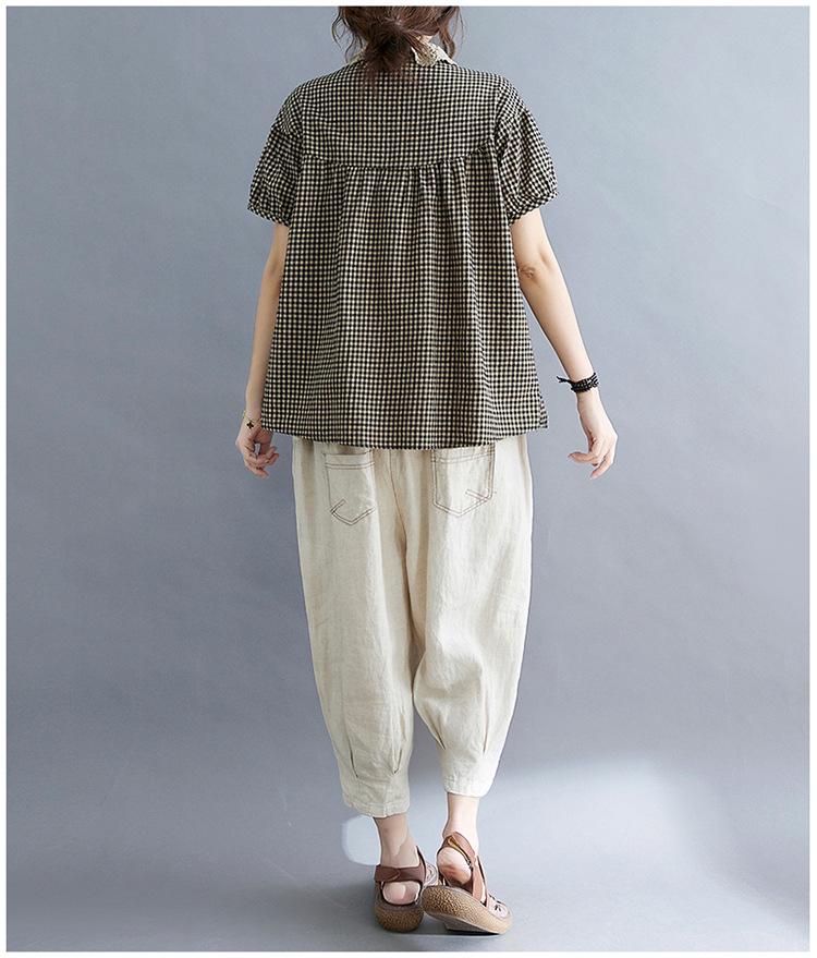 2021 Лето Большой размер Пэчворк Женская Хлопково-льняная Клетчатая Блузка с воротником Питер Пэн Приталенная С коротким рукавом