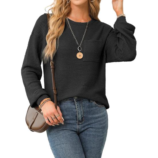 Женские топы с круглым вырезом и длинным рукавом, однотонная свободная футболка, эластичная повседневная блузка