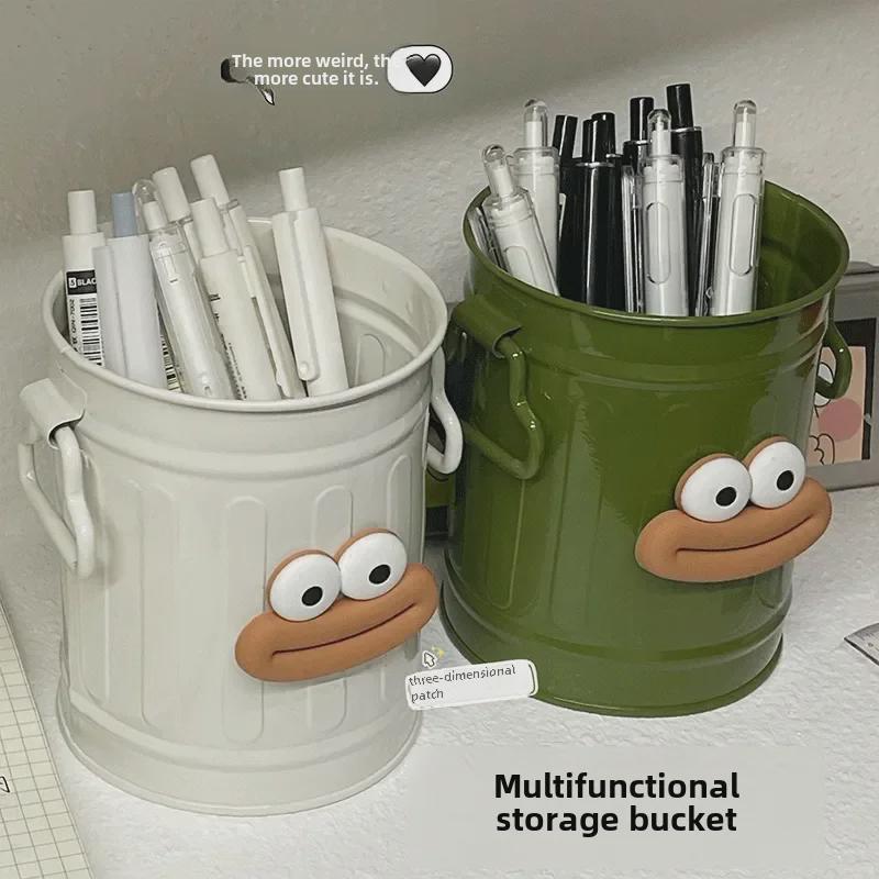 Big Mouth Small Iron Bucket Desktop Pen Holder - Cute Student Stationery & Makeup Brush Organizer