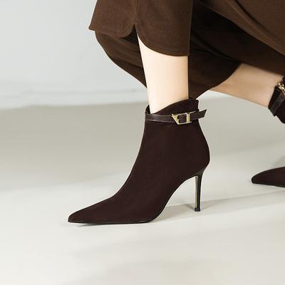 Модные ботильоны на высоком каблуке Женские осенне-зимние ботильоны с острым носком и тонким каблуком, короткие ботильоны на молнии сбоку, женские ботильоны с сексуальной пряжкой-ремнем