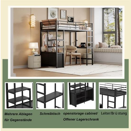 Loft Bed, 90x200cm, No Mattress, Bed with Desk, Socket And USB, Multiple Shelves, Open Storage Cabinet, Railing, Ladder, Iron Frame,