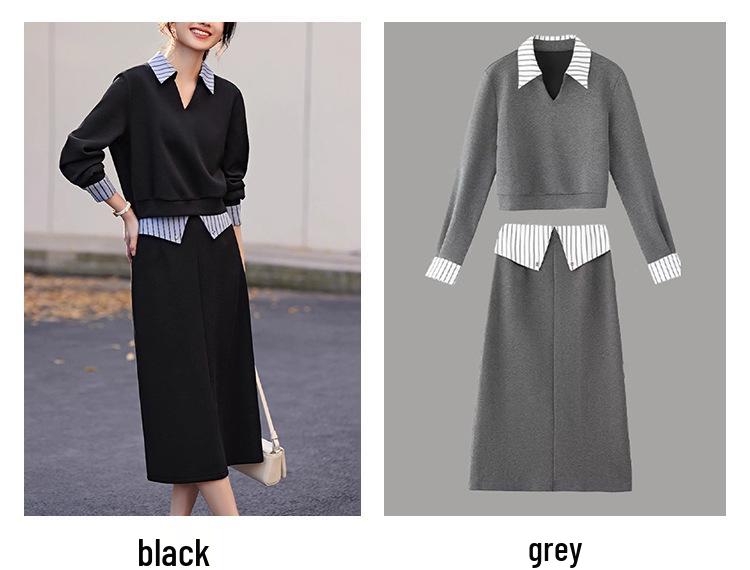 Internet Celebrity Patchwork Shirt Collar Sweatshirt & Midi Skirt Set for Women - Autumn Casual Two-Piece Ensemble