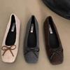 Flat-bottomed French Square Head Versatile Single Shoes Women's Shoes 2025 New Spring and Autumn Bow Retro Suede Commuter Shoes