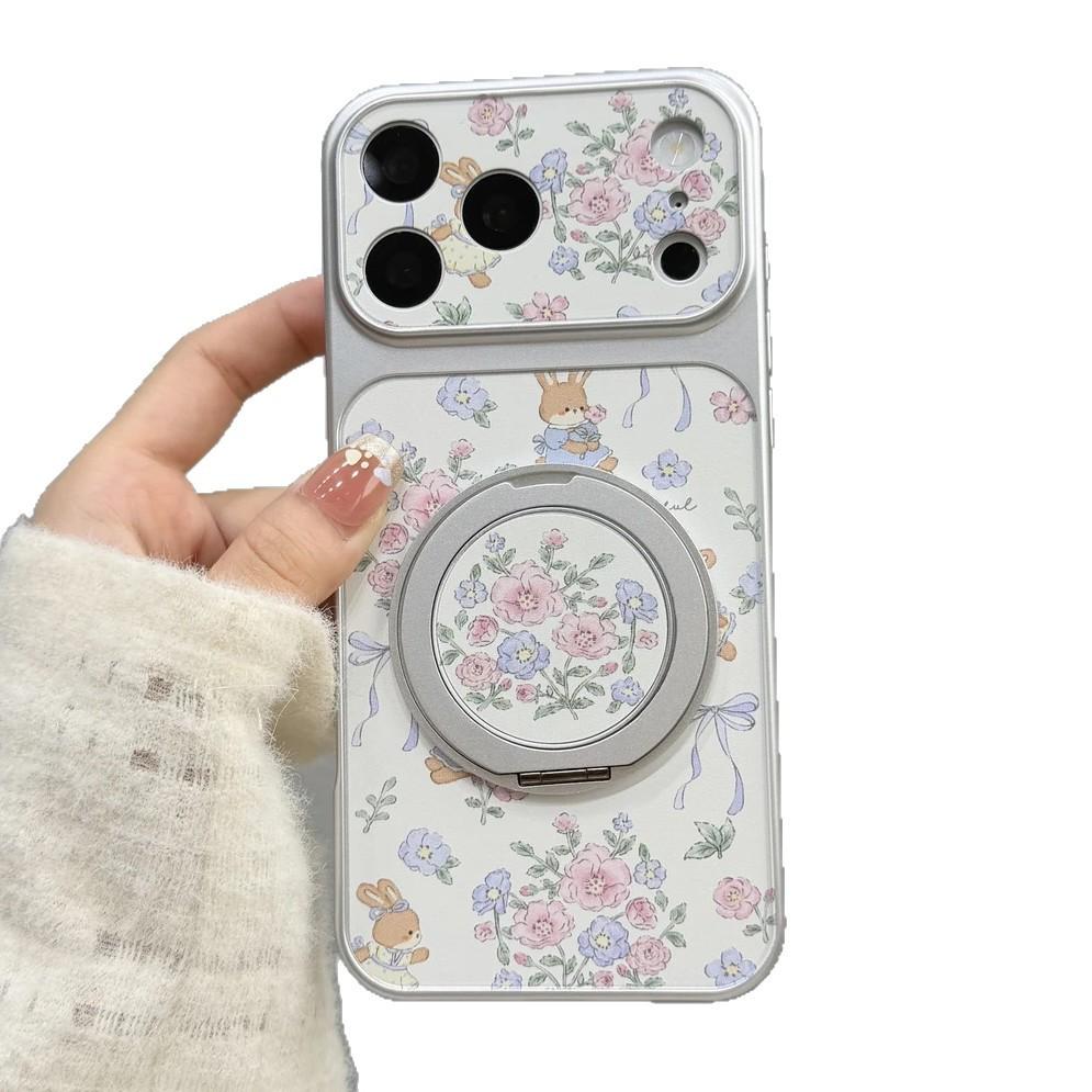 Цветочный Кролик Вращающаяся подставка Подходит для Apple iPhone16/17Pro чехол для мобильного телефона 15 Гальваническое покрытие большое окно 14 наборов