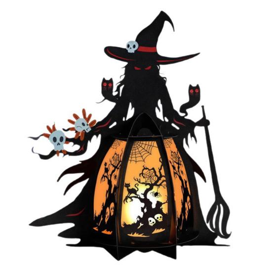 Хэллоуинский фонарь ведьмы 3D Жуткий фонарь Светящийся настольный центральный элемент Готическая лампа ведьмы с летучей мышью и черепом для украшения дома, каминной полки, прихожей, столешницы