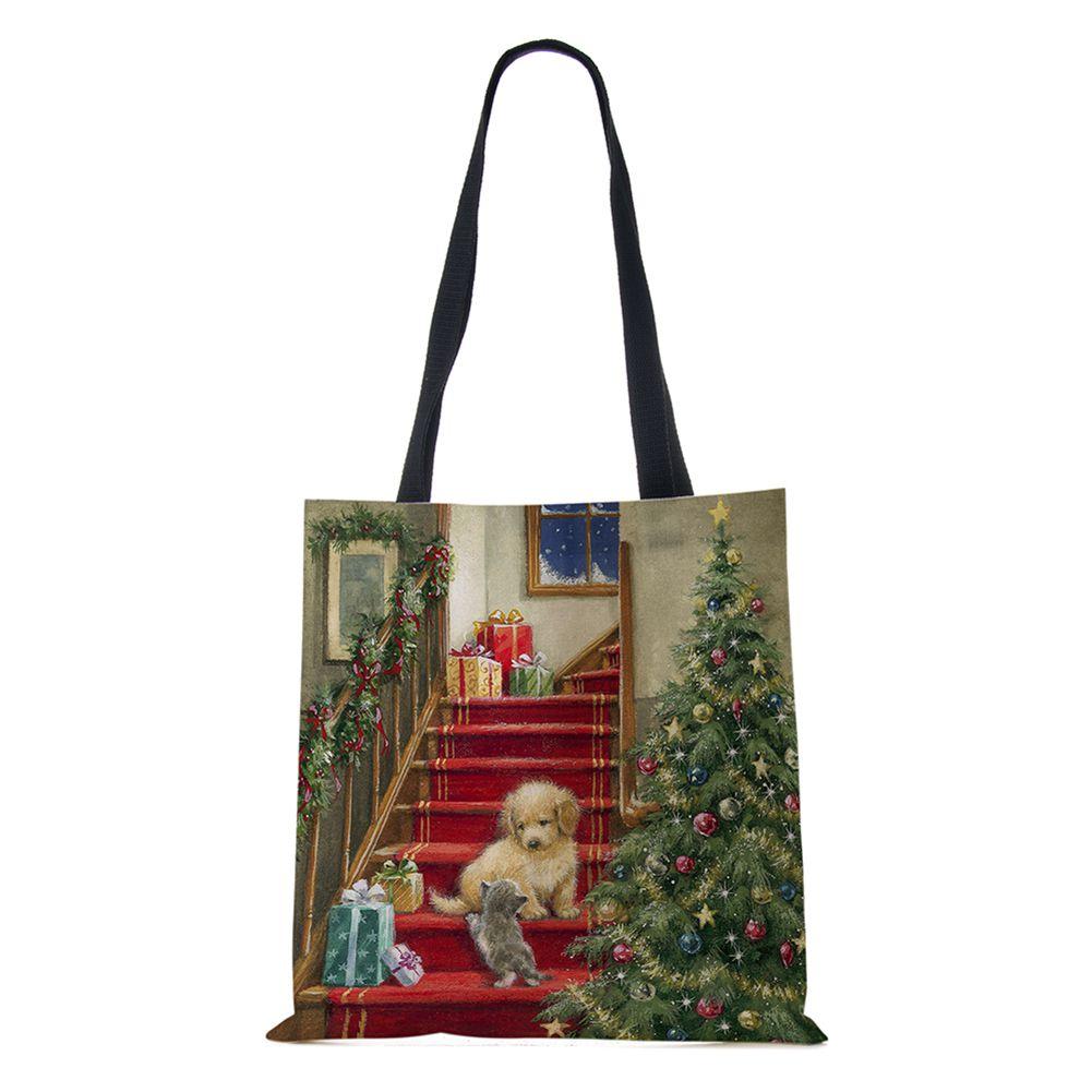 Рождественская елка Подарок Харадзюку Холщовая сумка-шоппер Рождественская собака Женская многоразовая сумка через плечо Большая вместимость Складная сумка для хранения KTY