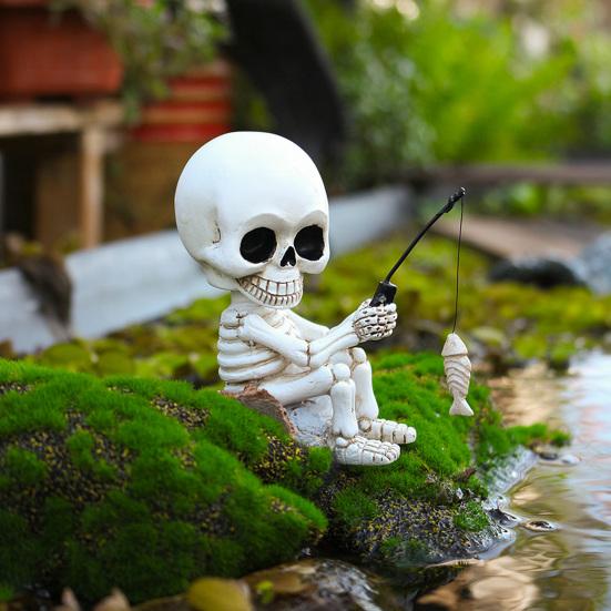 Shaking Head Fishing Skull Resin Mini Skeleton Fisher Sculpture Halloween