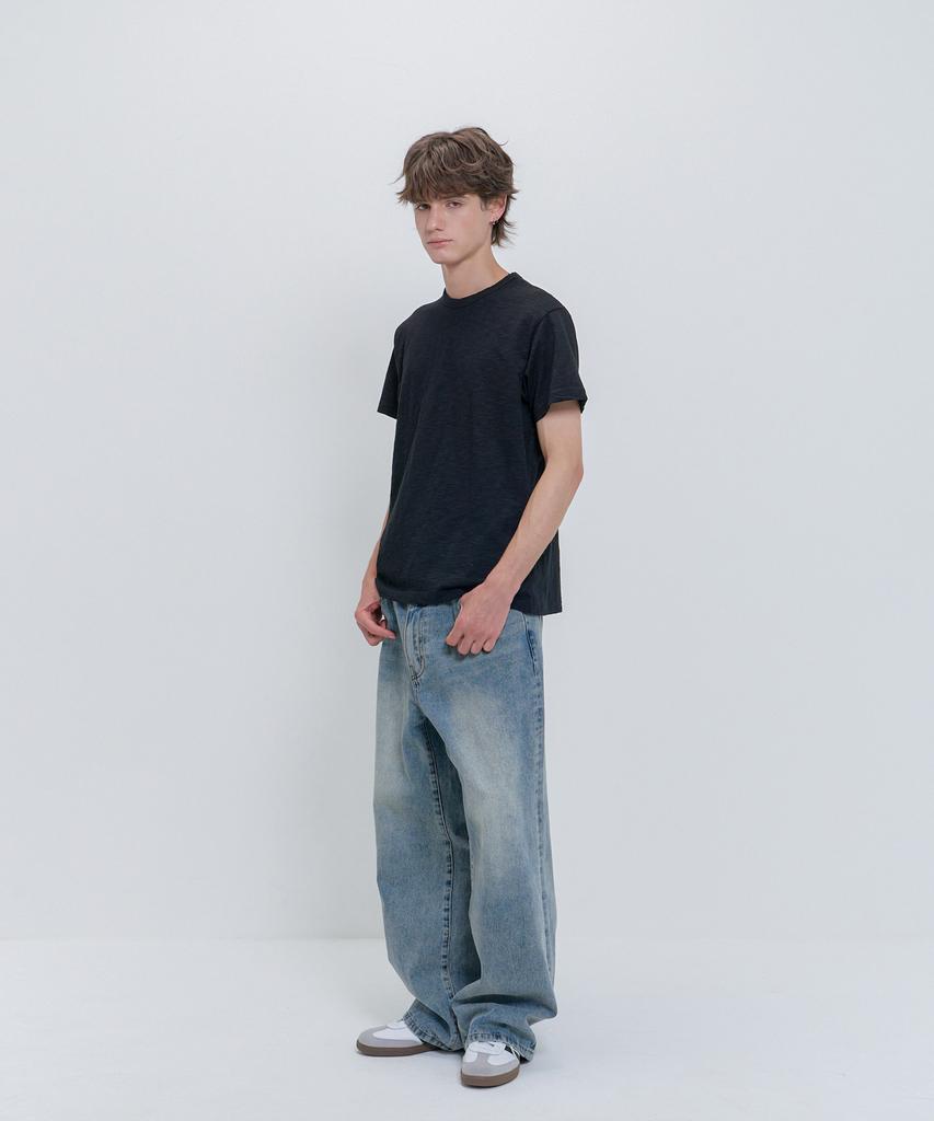 PSSHOPPER Semi-Crop Slub Vintage Short Sleeve T-Shirt [Black]