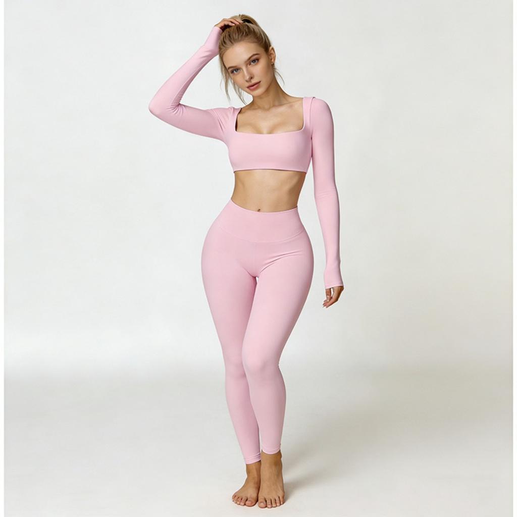 Women Tight‑Fit Yoga 2‑Piece Set, High‑Waist Quick‑Dry Long‑Sleeve Workout Outfit for Outdoor Running Fitness