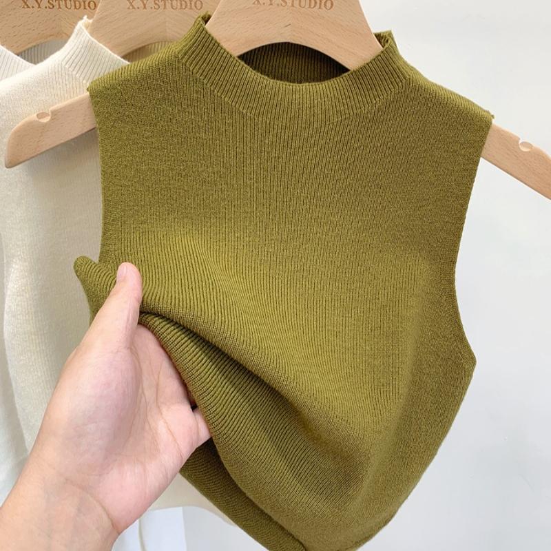 Летняя верхняя одежда без рукавов, трикотажные майки для женщин, полувысокие майки с высоким воротом, женские однотонные облегающие повседневные офисные женские майки, модный жилет 24985