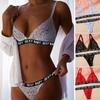 Women Sexy 2pcs Floral Lace Letter Print Nightwear Ladies Bra Thong Underwear Lingerie Set