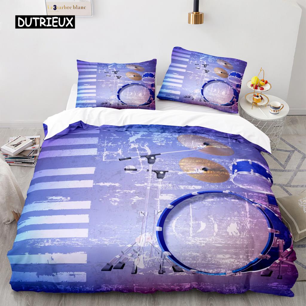 Drum Kit Duvet Cover Set Classical Music Comforter Cover Musical Instrument Lightning Pattern Quilt Cover for Kids Boys Teens
