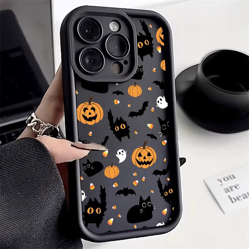 Чехол для телефона из силикона Soft TPU с рисунком кошки, тыквы и летучей мыши на Хэллоуин для iPhone 16 Pro Max 15 Plus 14 13 12 11 17 Air 16E Ударопрочный чехол