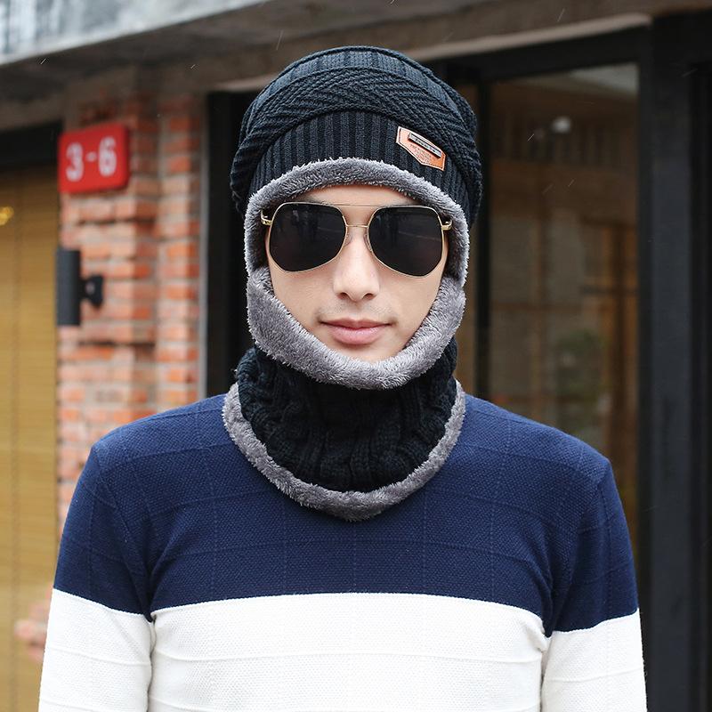 Korean Men's Hat Neck Scarf Sets Velvet Cycling Cover Warm Windproof Hat Winter Woolen Hats Two Piece Scarf Set