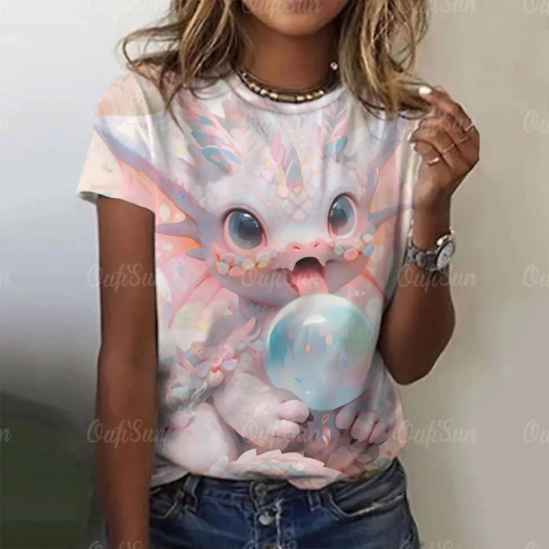 Летние женские футболки с рисунком из мультфильмов, повседневные футболки с короткими рукавами и 3D-драконом для женщин, одежда, свободный уличный топ