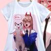 Футболка с принтом Chainsaw Man Power & Милый Кот Нян Женская 2026 Лето Белая Приталенная Футболка Аниме Уличная Одежда Харадзюку Свободная Хлопок