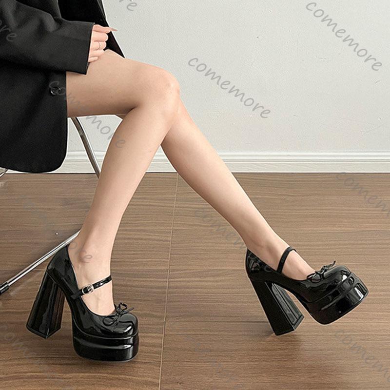 Fashion Comemore Platform Square High Heel Women's Mary Jane Shoes Fashion Butterfly-knot Shoes Spring Autumn Wedding Party Pumps Shoes
