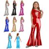 Kids Sparkly Jumpsuit Off-shoulder Sleeveless Sequin Tassels Flared for Pageant Show