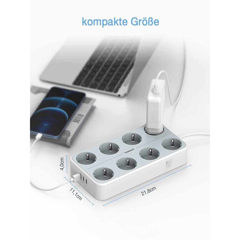 Tessan Удлинитель с несколькими розетками европейского стандарта и USB-портами, удлинительный кабель длиной 2 м, европейская многоконтактная электрическая розетка для дома