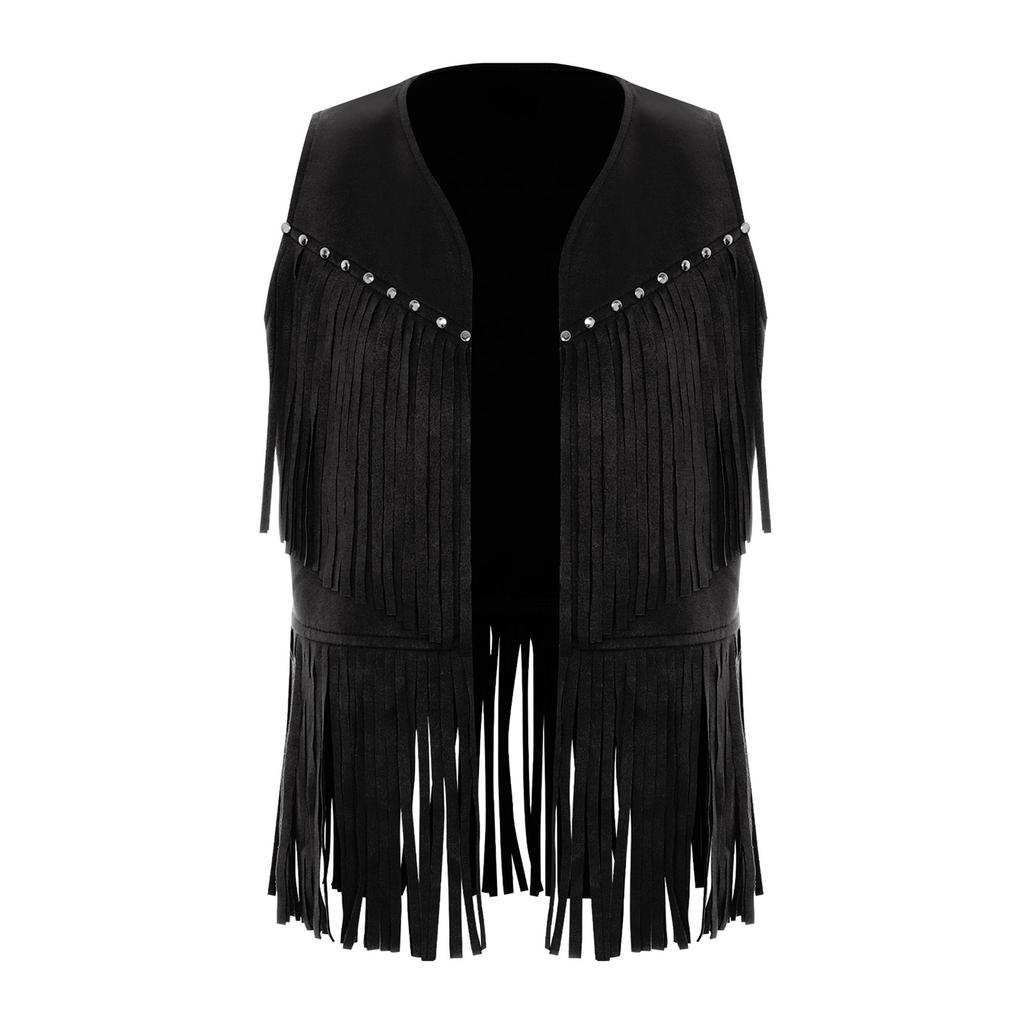 Детский ковбойский жилет унисекс, жилет с открытой передней частью, декоративные заклепки на груди, дизайн с кисточками, бахрома по подолу, костюм для западной вечеринки