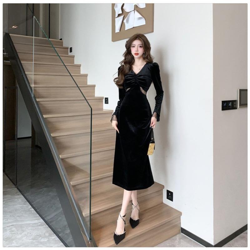 Весна Осень V-образный вырез Элегантное Модное Бархатное Черное Платье Женское Длинный Рукав Темперамент Талия Халат Vestidos