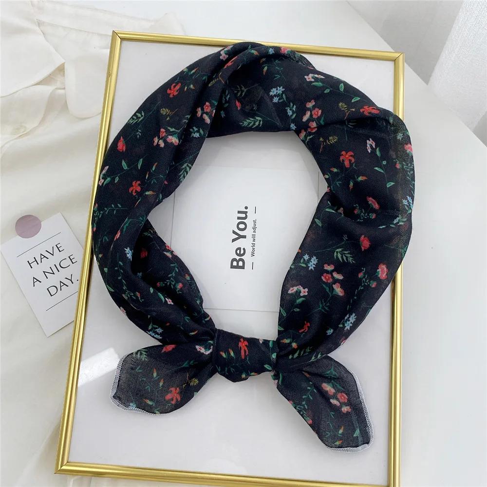 Floral Print Neckerchief Small Hijab Scarfs Women Fashion Handkerchief Neck Scarf Shawls Cotton Blends Korean Hair Scarves 58CM