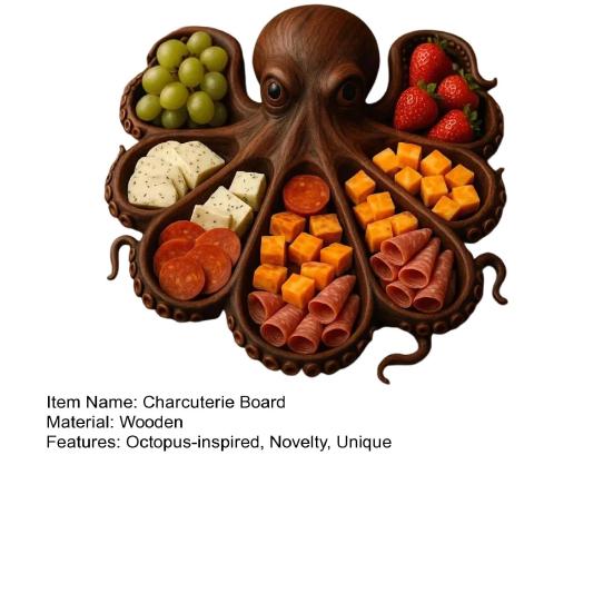 Octopus Charcuterie Board Seafood Serving Tray for Cheese Meats Fruits Ocean Themed Wood Food Platter for Gatherings