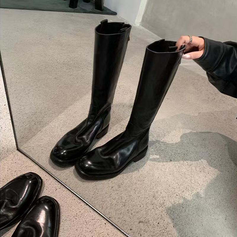 Версия из коровьей кожи Итальянская кожа растительного дубления~ вымытый грубый каблук молния сзади полусапоги рыцарские сапоги женские осень и зима