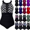 Large Size Swimsuit One-piece Ladies Swimsuit Flower Print Keyhole Mesh Halter Plunge Ruched Swimwear