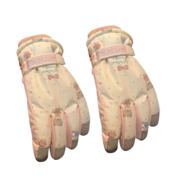 Cute Pink Bear Ski Gloves for Women Winter Touch Screen Plus Velvet Waterproof Warm Windproof Cycling Outdoor