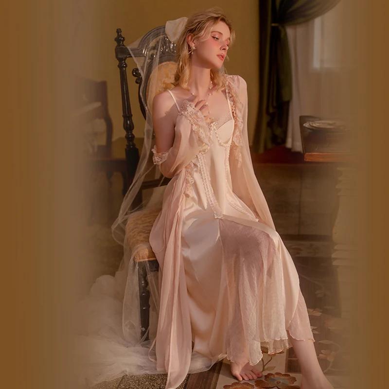 Сексуальная Пижама Женская Повседневная Одежда Весна и Лето Сладкое Платье-Пижама Сет Сетчатое Кружевное Сексуальное Ночное Платье