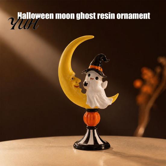 Halloween Ghost Ornaments And Moon Resin Ornaments, Cute Spooky Tabletop Figurine, Desktop Decorations Statue with Pumpkin Elements for Home