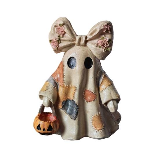 yangyizhi Halloween Lighted Patchwork Ghost Figurine, Light-Up Bow with Pumpkin Lantern, Ghosts Lamp Decoration for Holiday Party