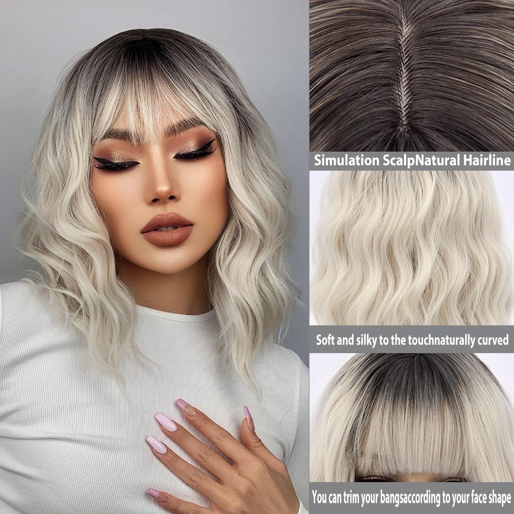 Ombre Blonde Короткий Боб Синтетический парик для женщин с челкой Белое золото Объемная волна Косплей Лолита Натуральные термостойкие волосы