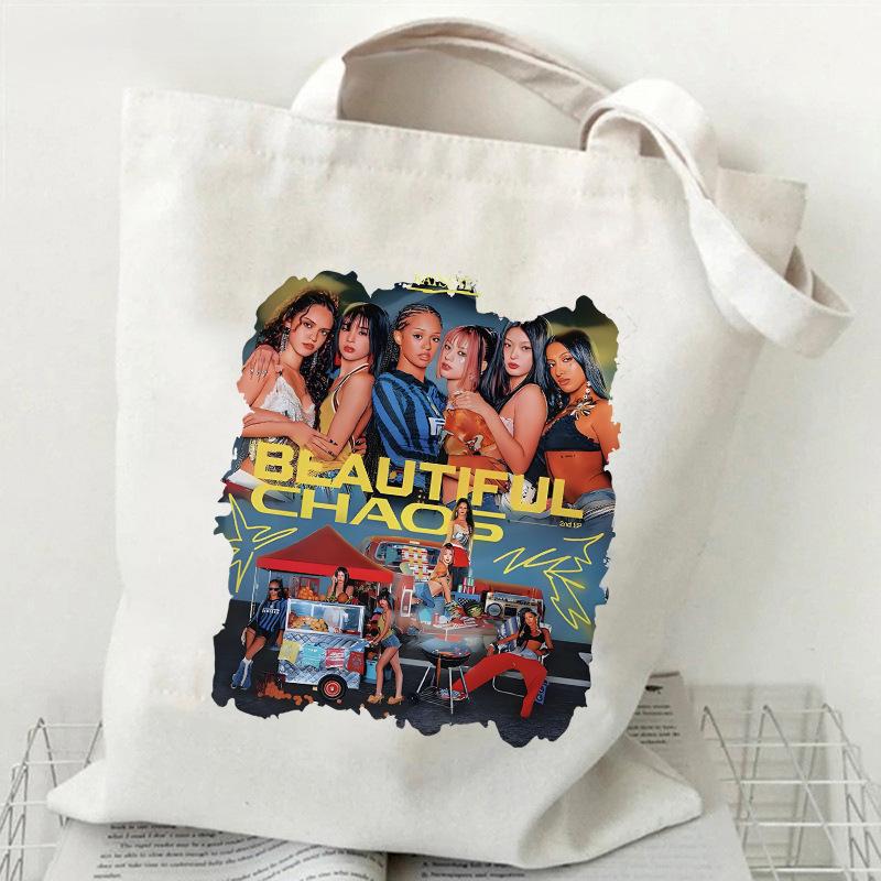 KATSEYE K-Pop Girl Group Print Canvas Tote Bag Retro Shopping Shoulder Bag Large Capacity Handbag for Daily Commute 60123-17