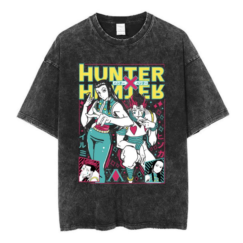 Аниме Hunter X Hunter Логотип Винтажная стираная футболка Киллуа Гон Вишневый цвет Графическая футболка Мужская модная повседневная оверсайз футболка