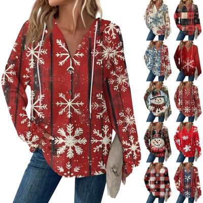 Женская мода с длинным рукавом, завязками на шнурке, капюшоном, пуговицами, V-образным вырезом, повседневная толстовка с капюшоном и рождественским принтом